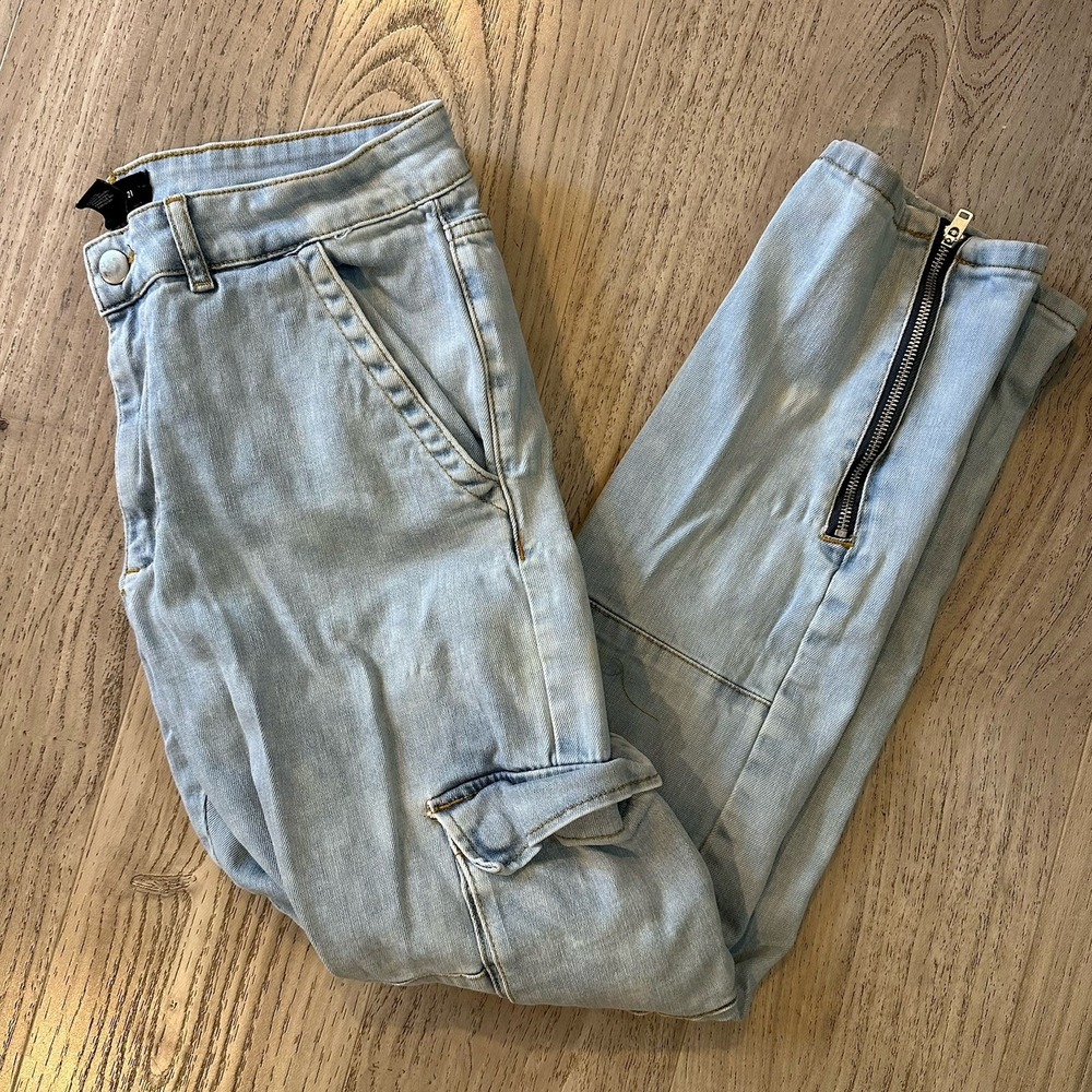 Forever 21 Blue Jean‎ Cargo Pants Wide Leg Multi Pockets 30 Slim Grunge